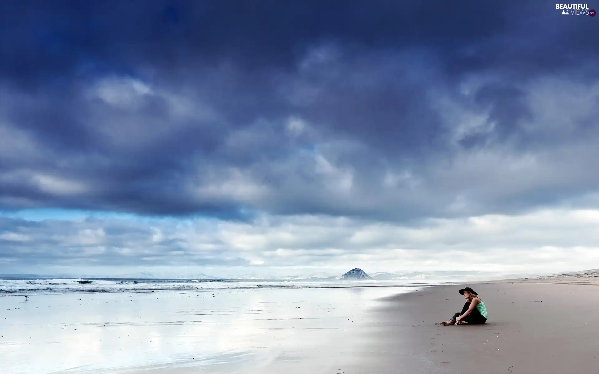 Women, Hat, sea, clouds, Beaches