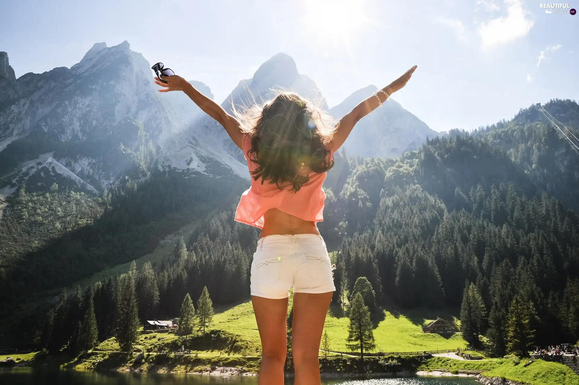 Mountains, River, Women, woods