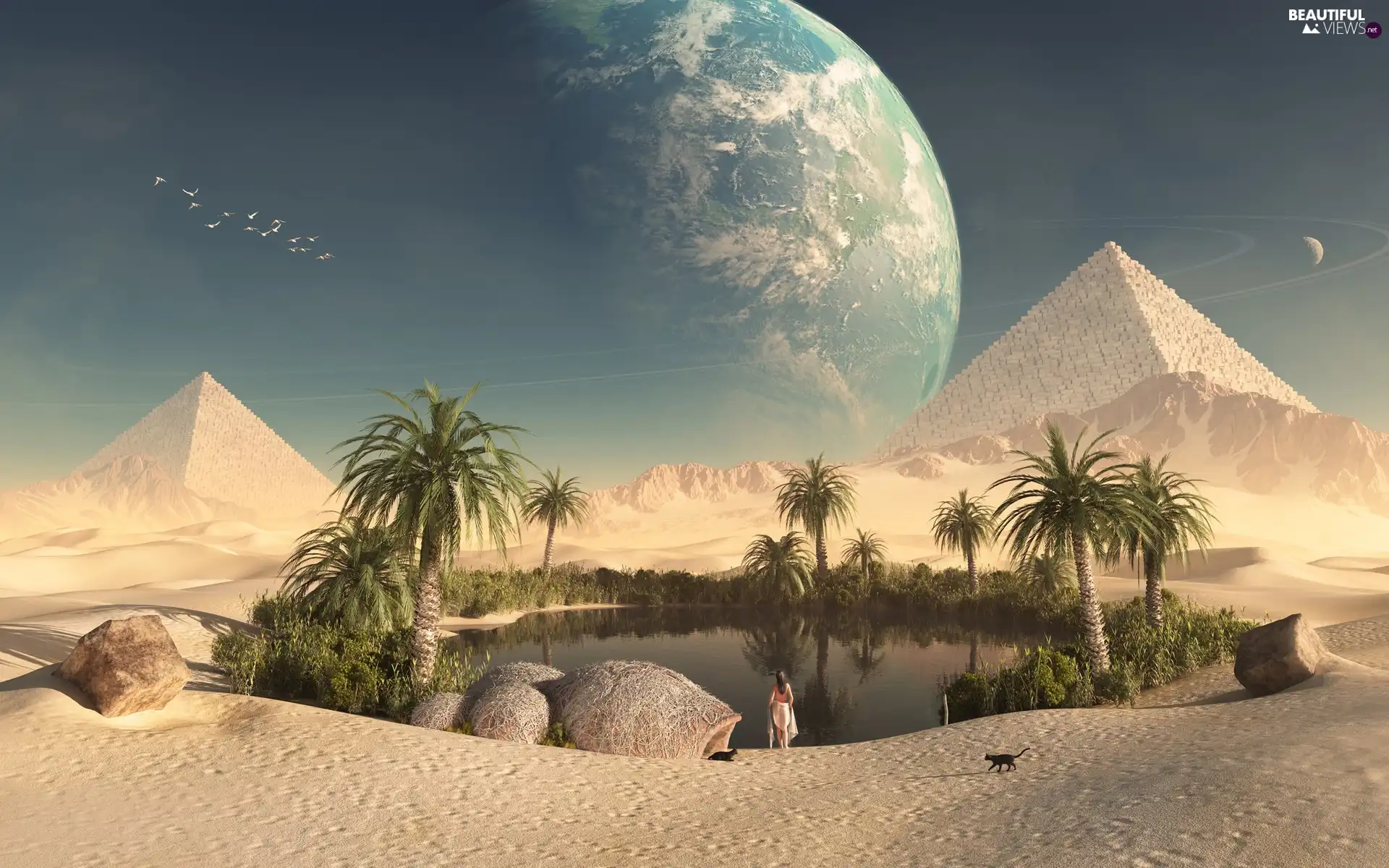 water, Desert, Women, Planet, Palms, Pyramids