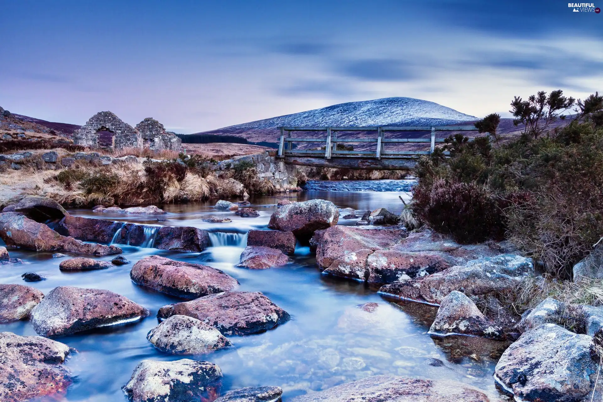 wooden, bridges, cascade, Stones, River