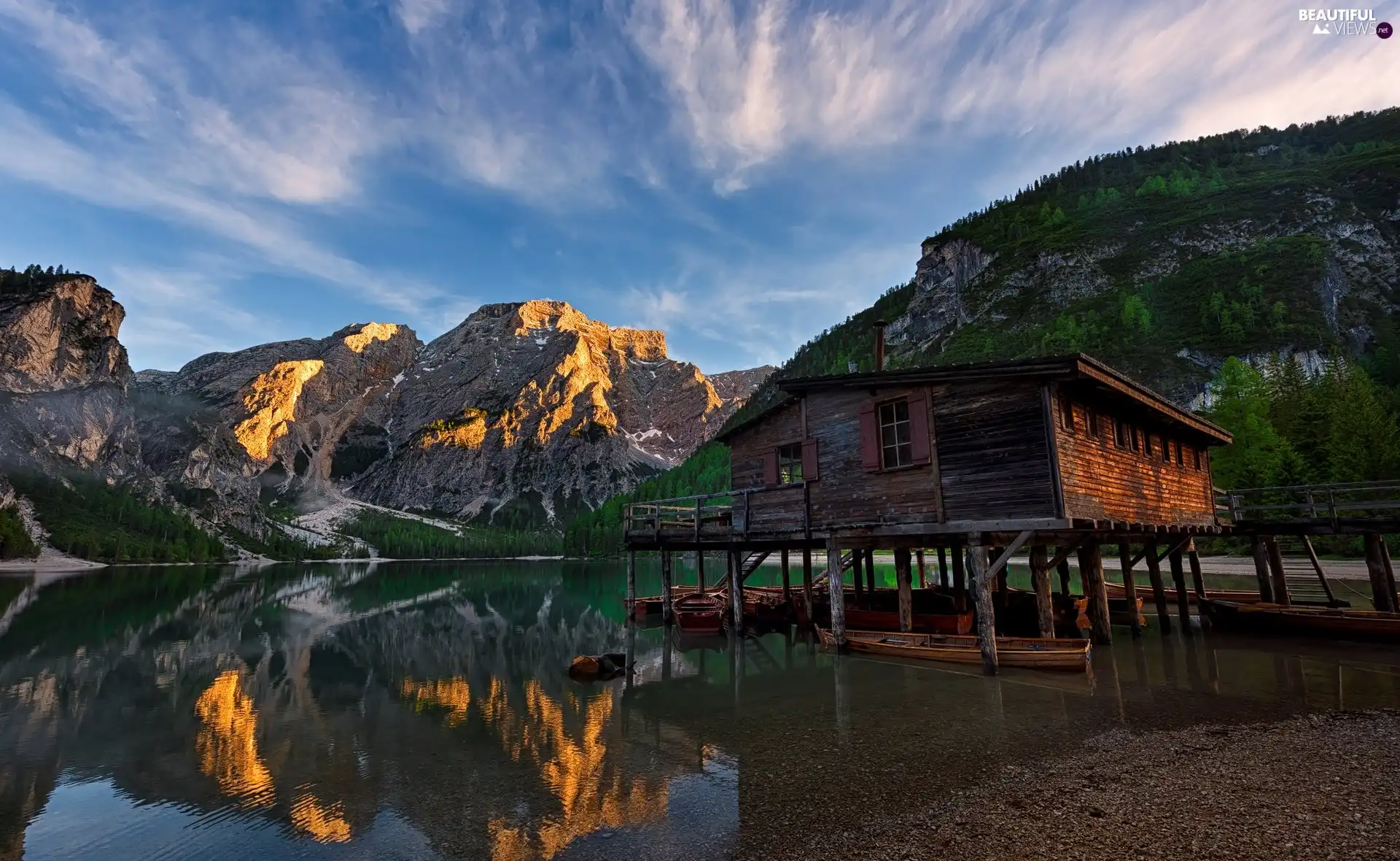 South Tyrol, Italy, Pragser Wildsee Lake, Dolomites, boats, clouds, wooden, house, Mountains