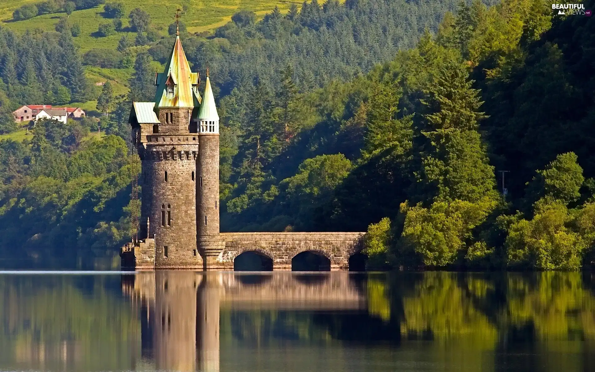 woods, autumn, Castle, Mountains, lake