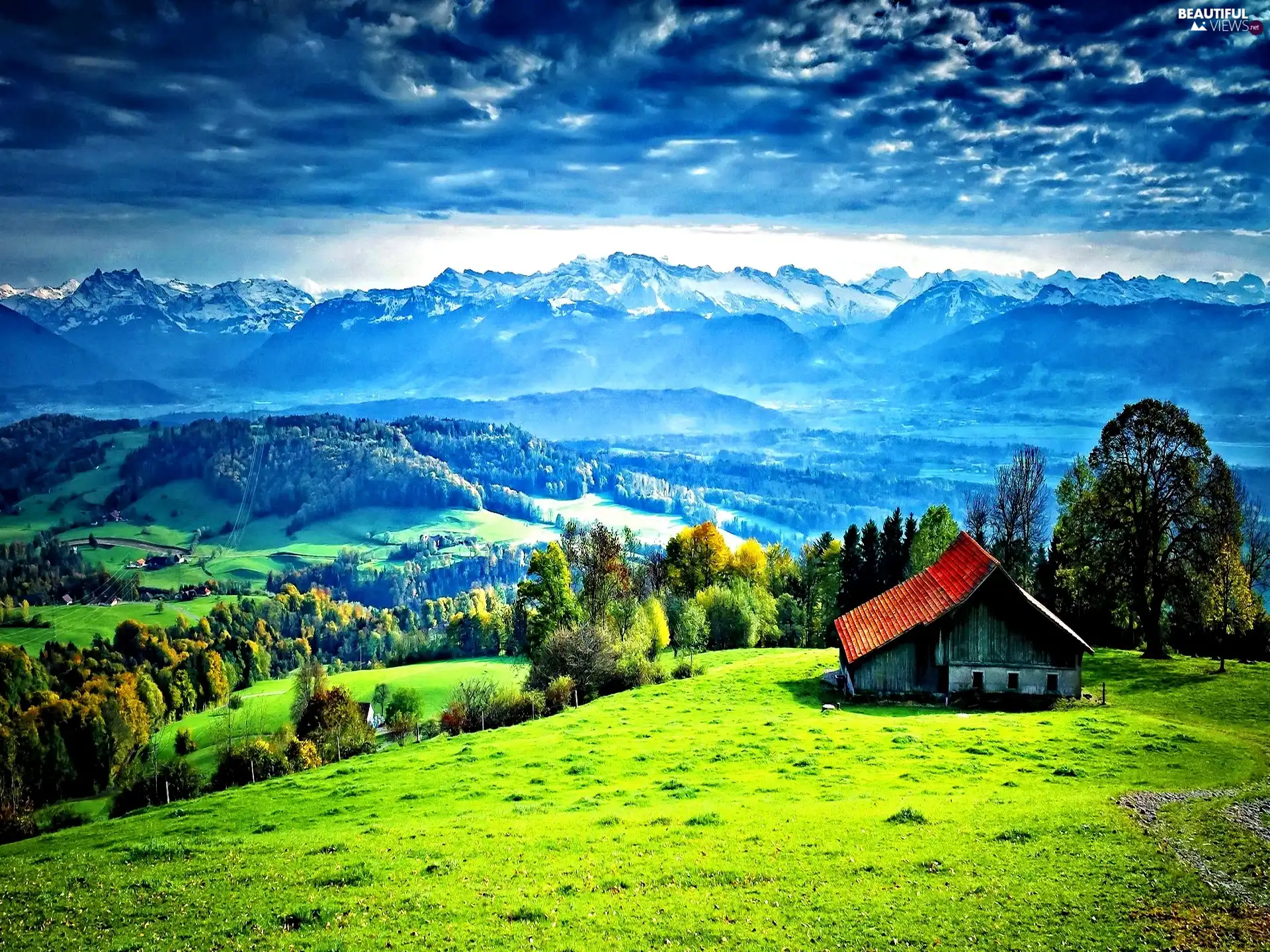 woods, clouds, Meadow, Mountains, Home