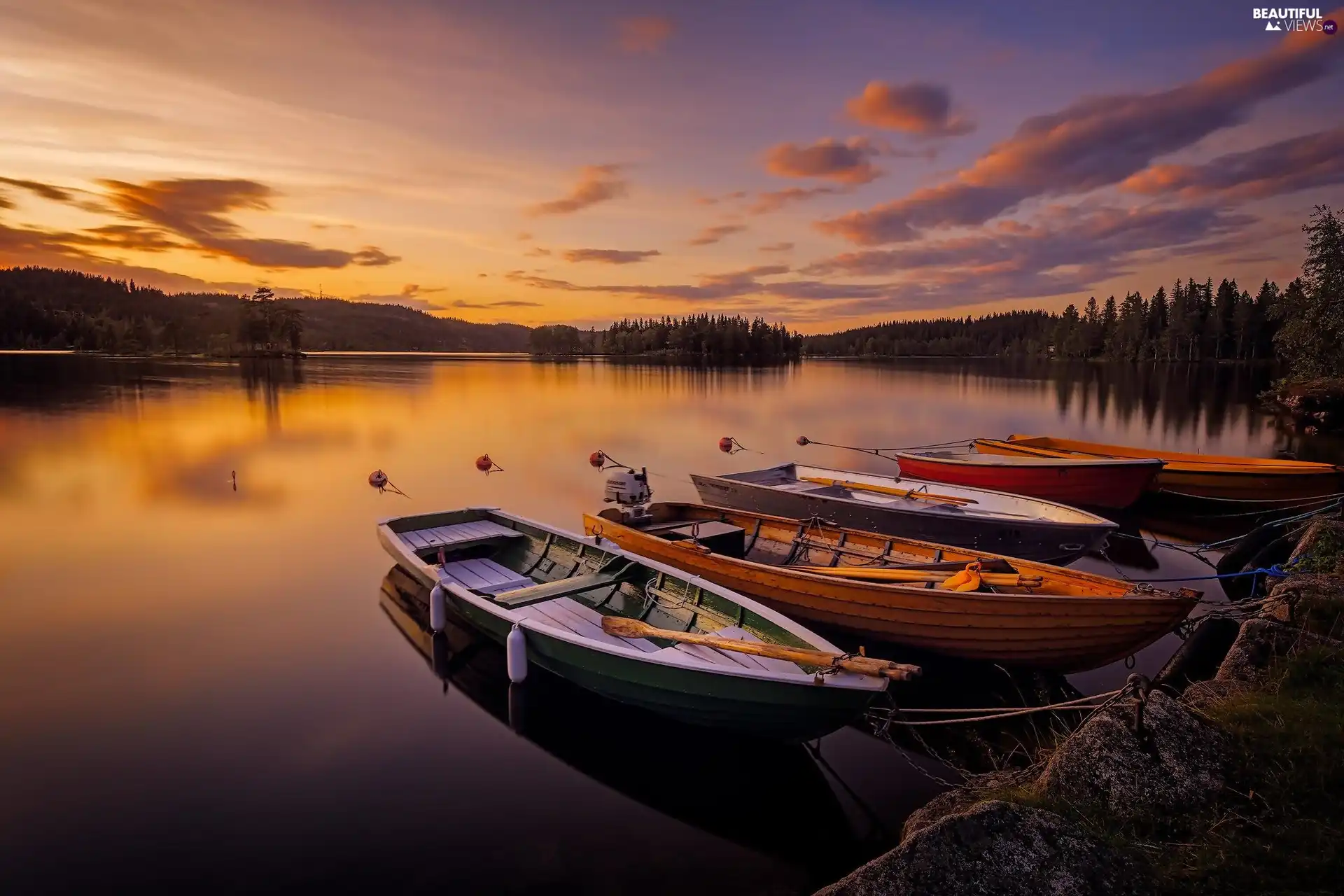 lake, woods, Great Sunsets, boats