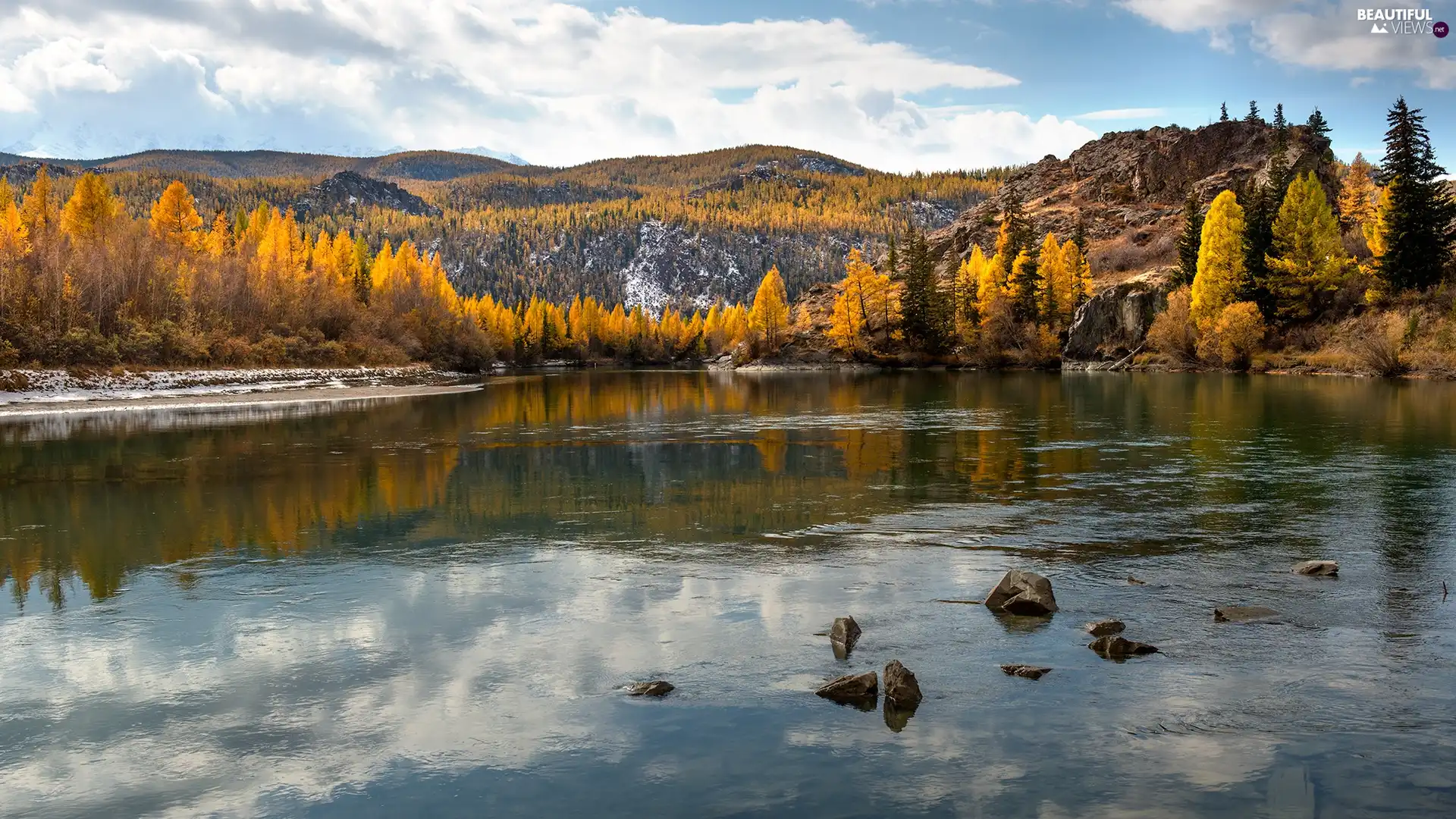 lake, autumn, viewes, woods, trees, Mountains