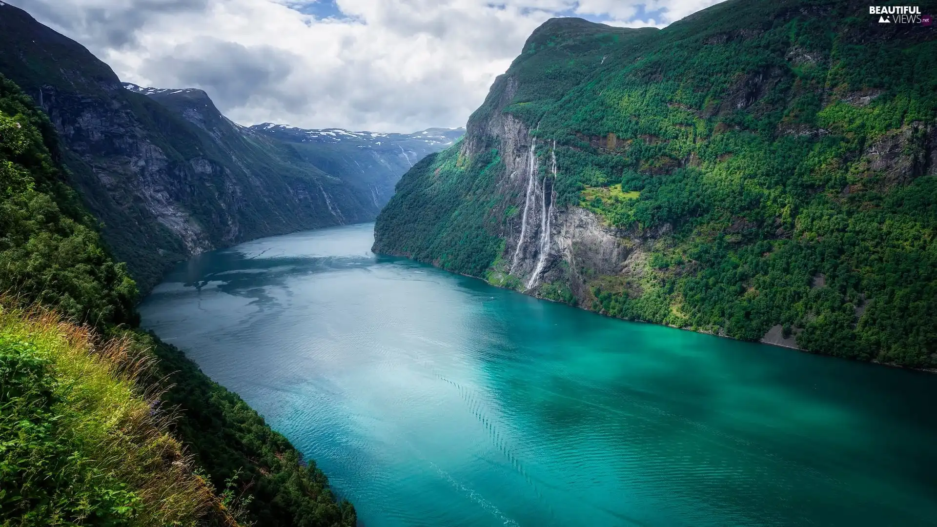 fjord, Norway, waterfall, woods, Geirangerfjord, Mountains