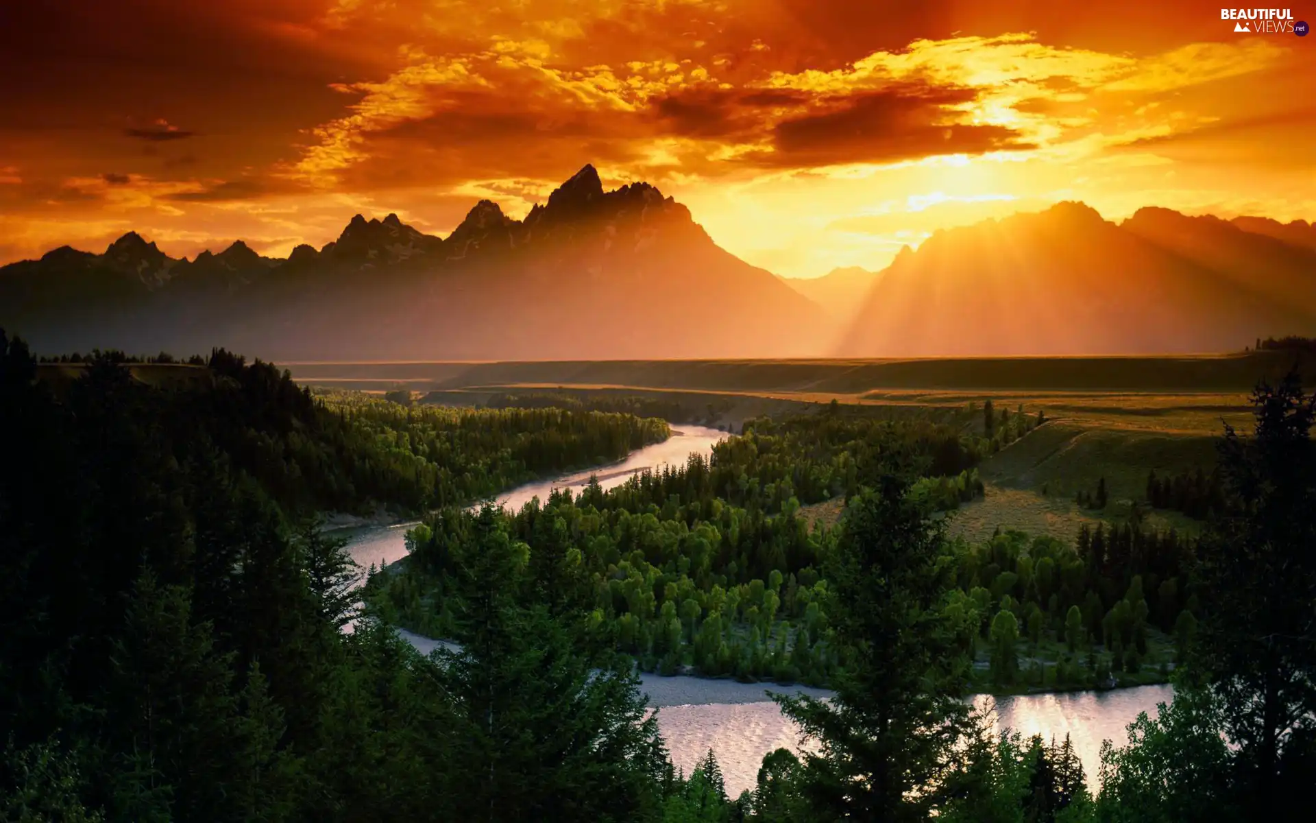 woods, Mountains, sun, River, west