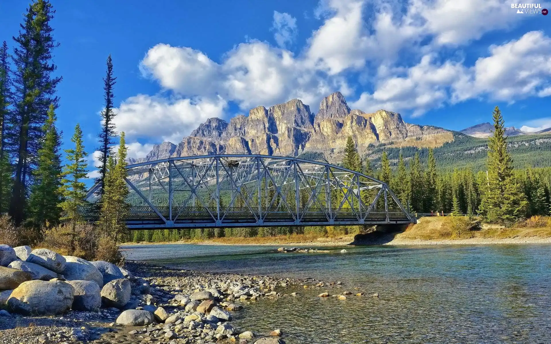 River, Mountains, woods, bridge