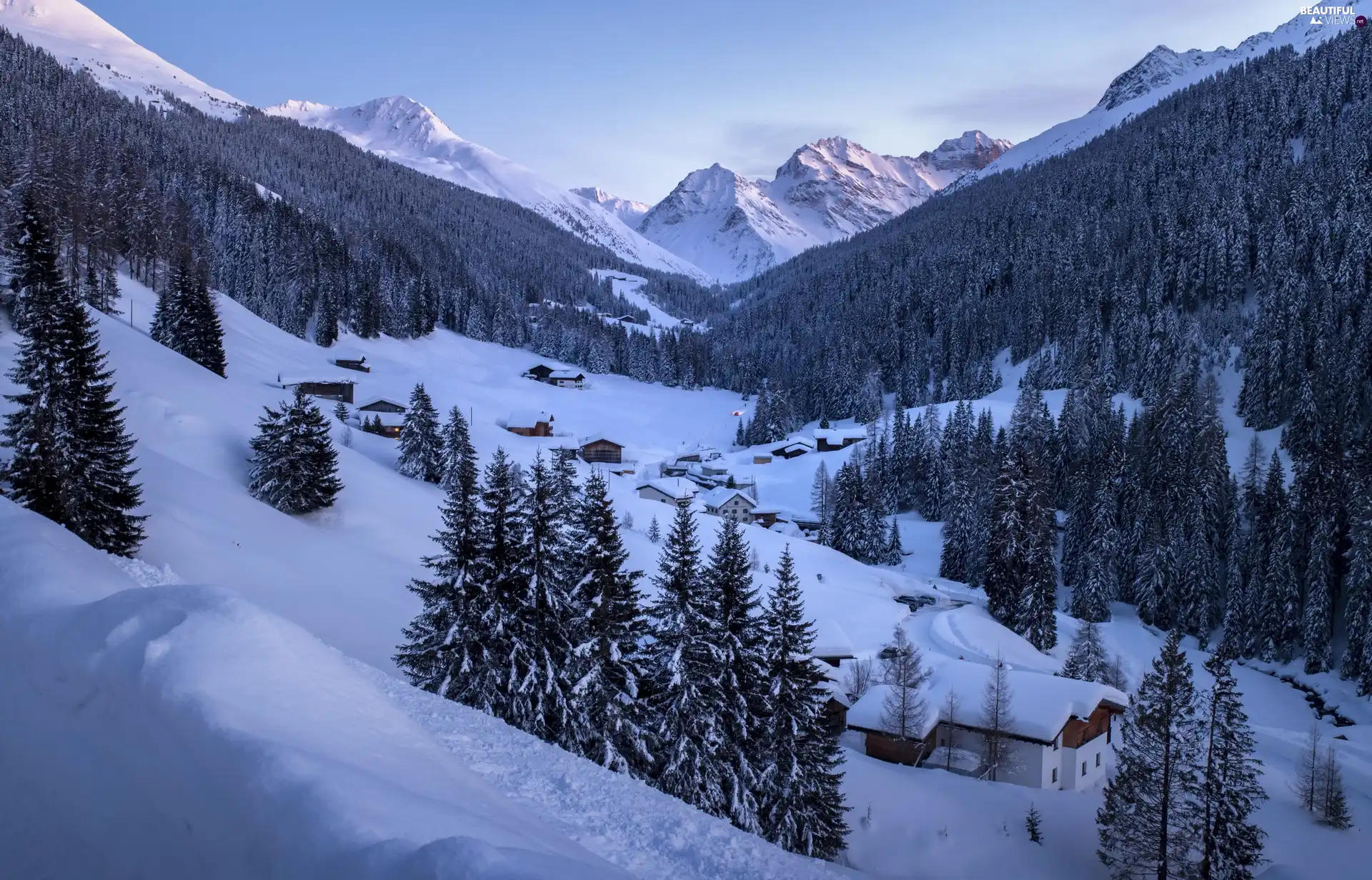 Alps Mountains, Switzerland, Canton Graubunden, Davos City, viewes, Houses, woods, trees, winter