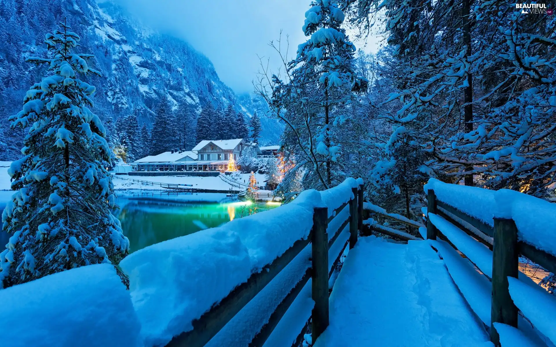 house, trees, bridge, Alps, Switzerland, evening, Mountains, light, woods, winter, viewes, Blausee Lake, Snowy