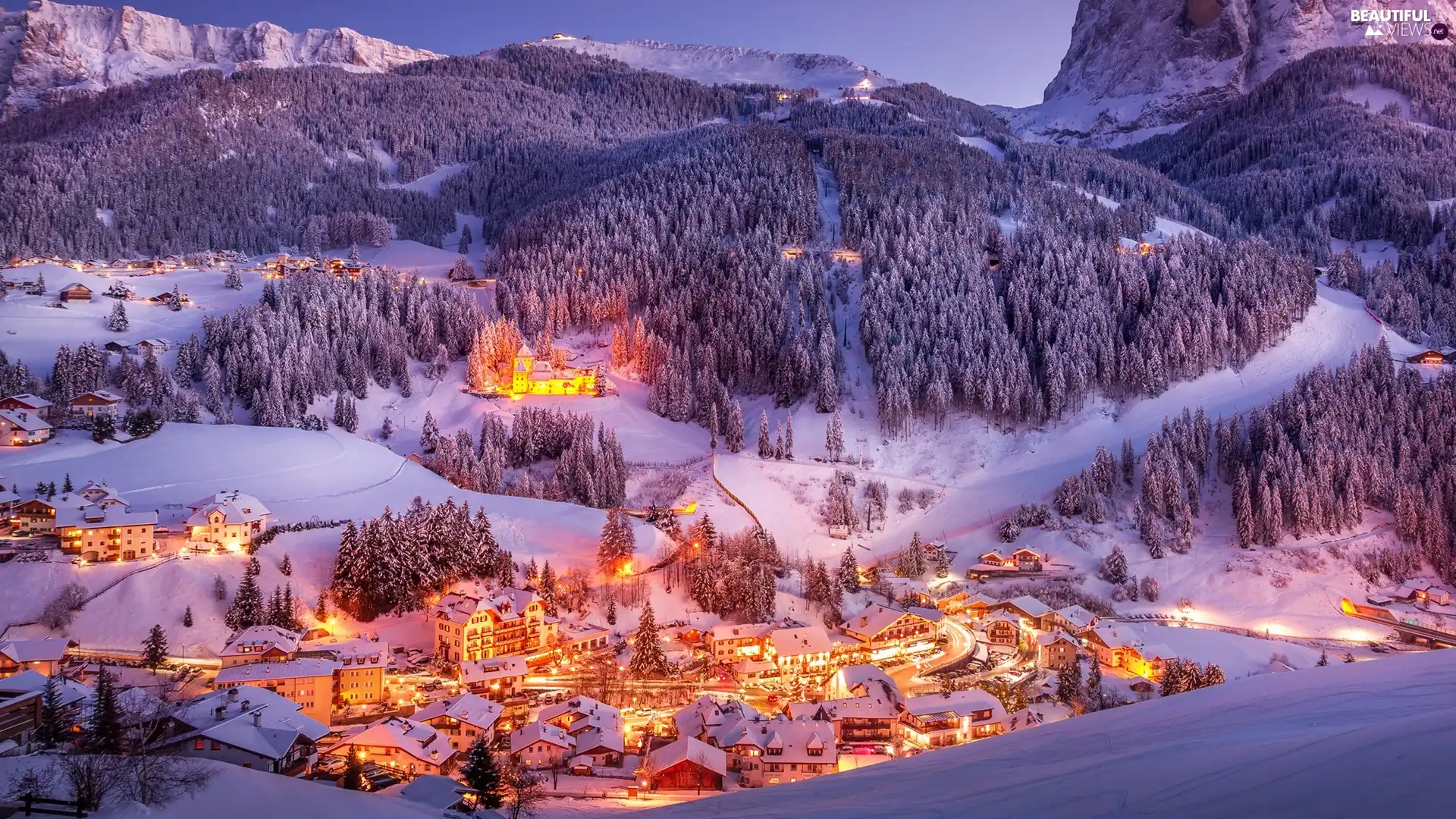 woods, Mountains, Valley, Town, light, winter, trees, viewes, Houses