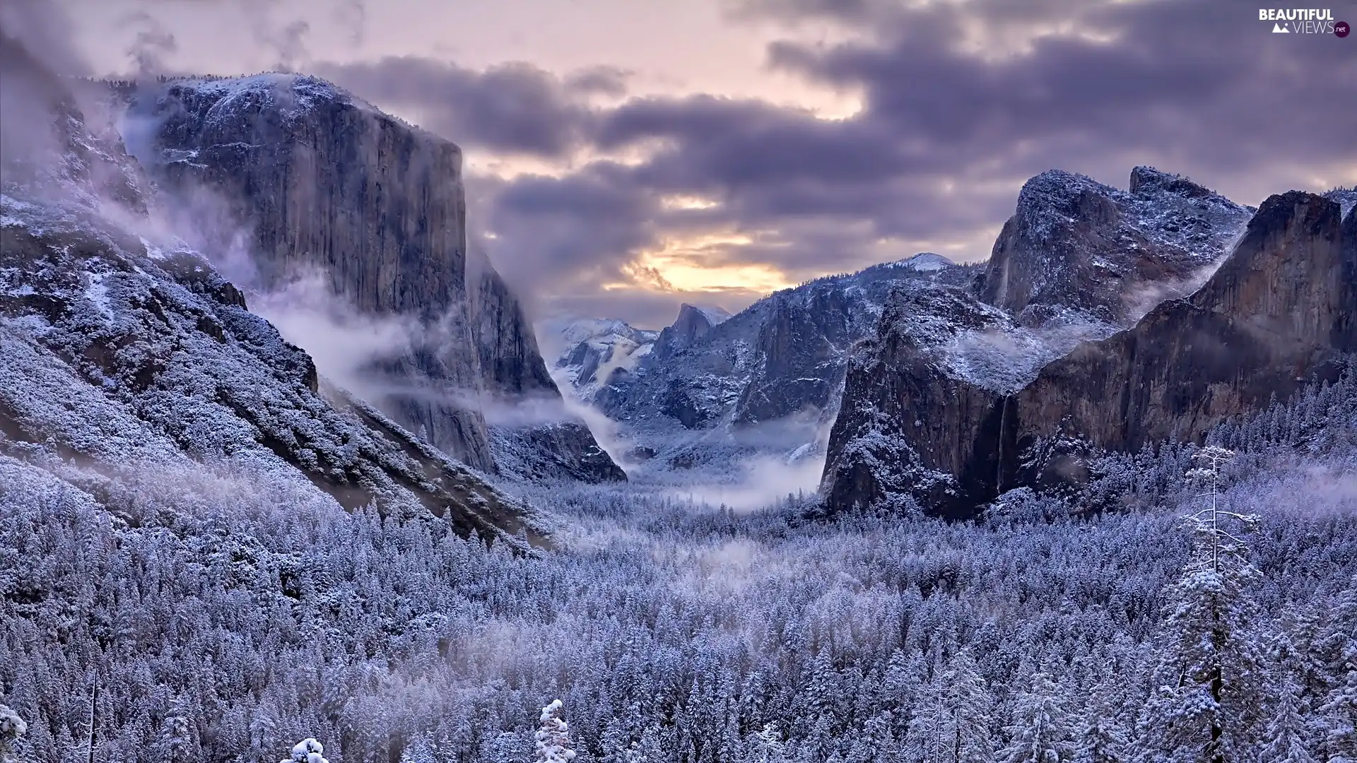 winter, clouds, woods, Mountains