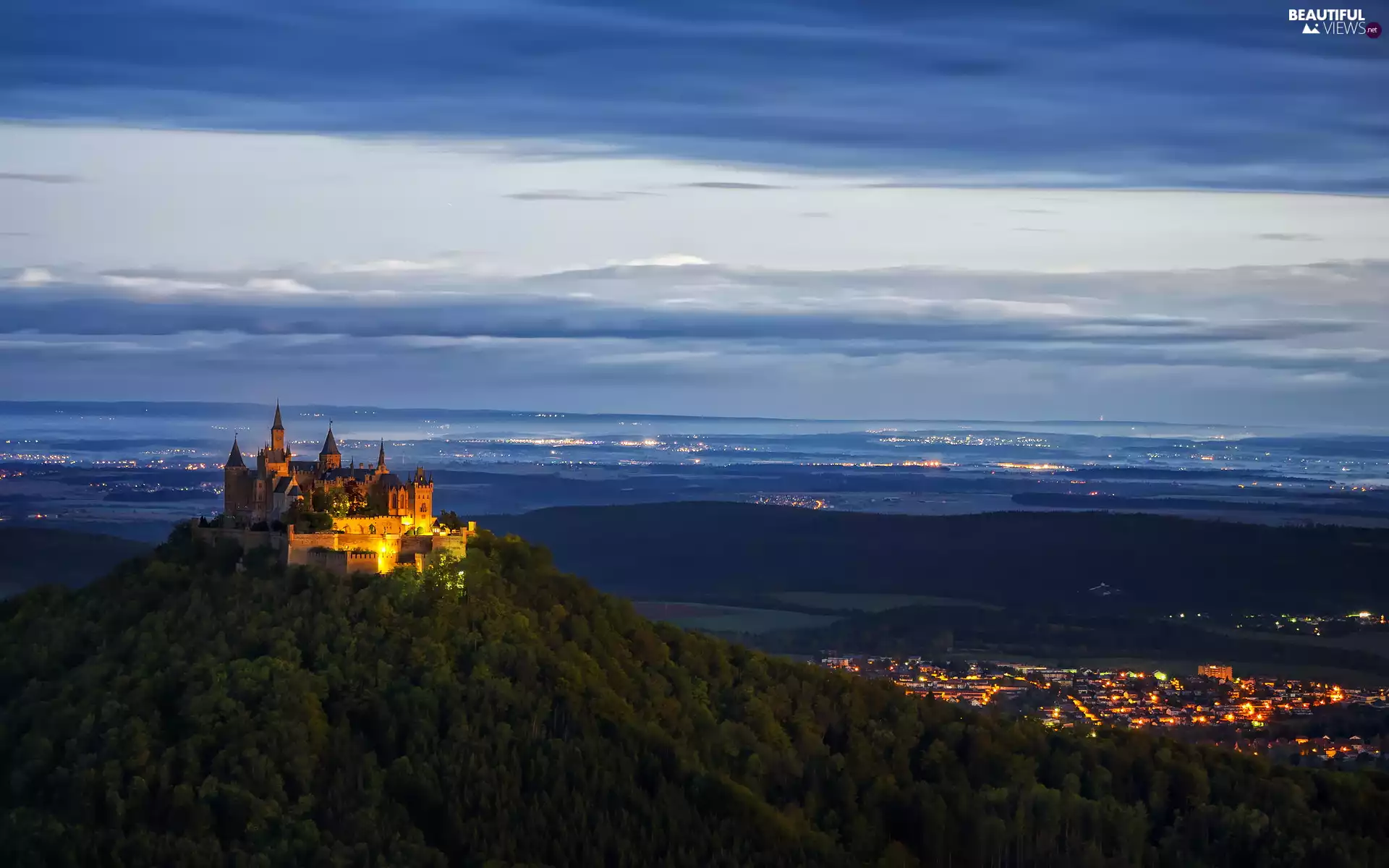 Hohenzollern Castle, Town, Germany, Sunrise, Baden-Württemberg, Floodlit, Hohenzollern Mountain, Hill