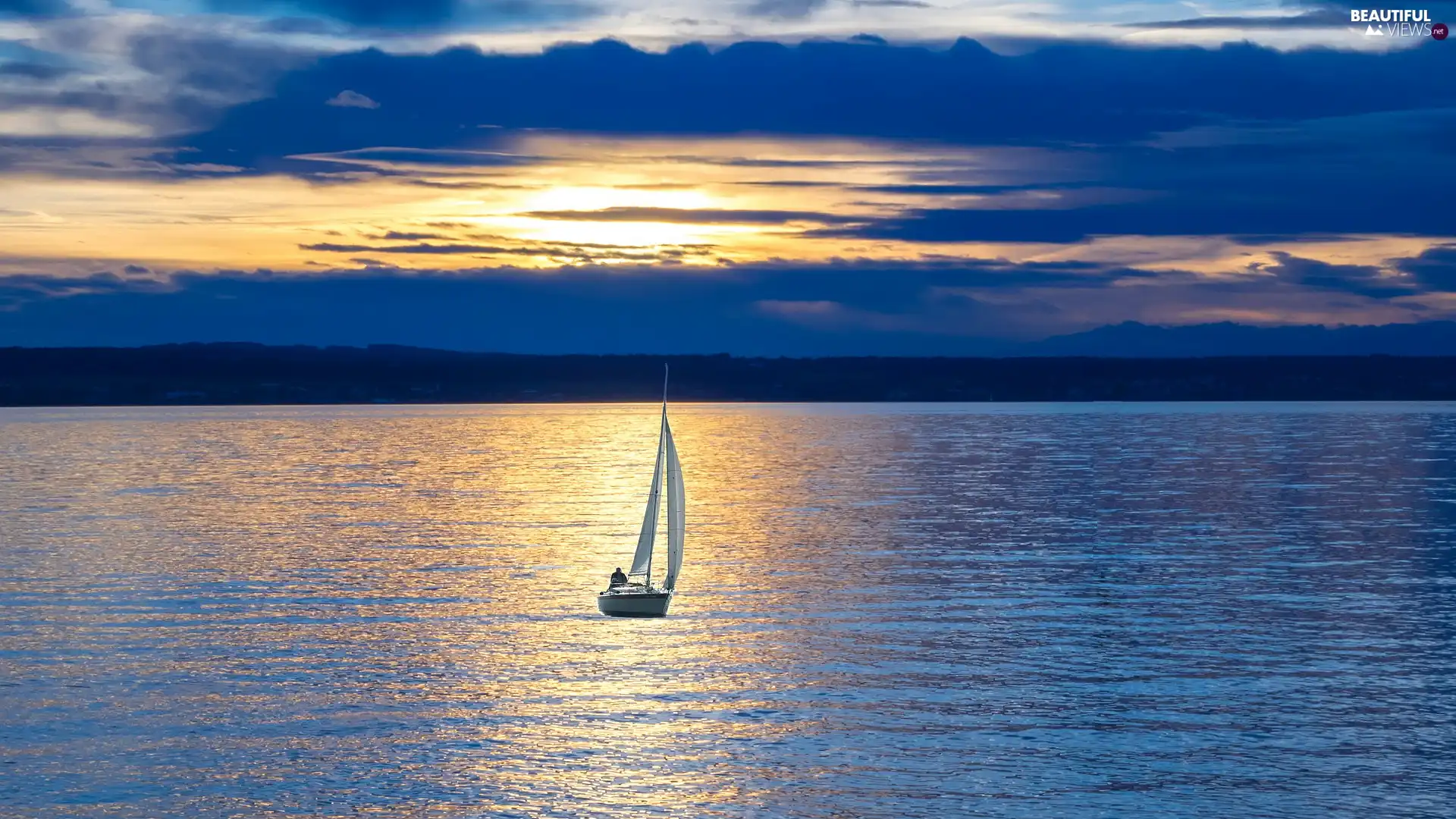 lake, Yacht, clouds, Great Sunsets