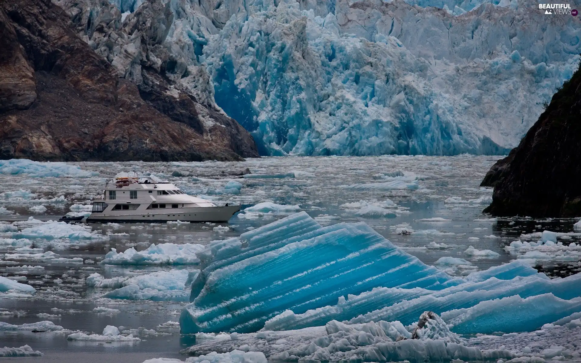mountains, floe, Yacht, Ice