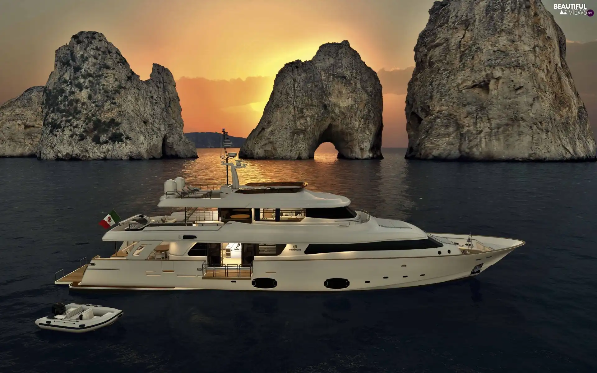 Great Sunsets, rocks, Yacht, sea