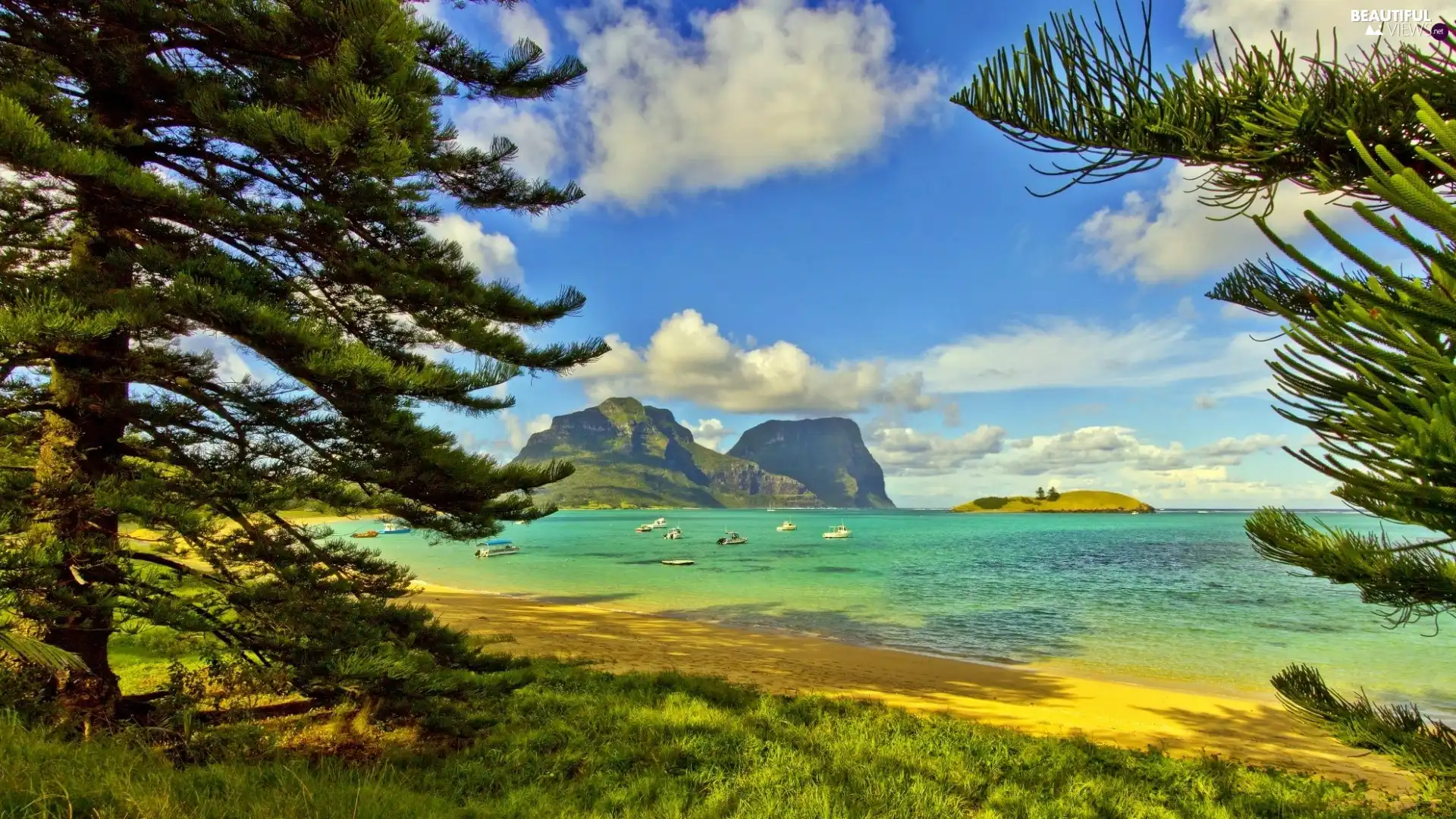 Yachts, Boats, Island, Mountains, Coast