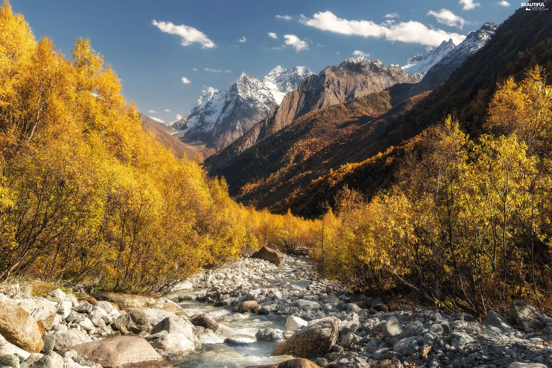 trees, Mountains, River, Yellowed, autumn, viewes, Stones