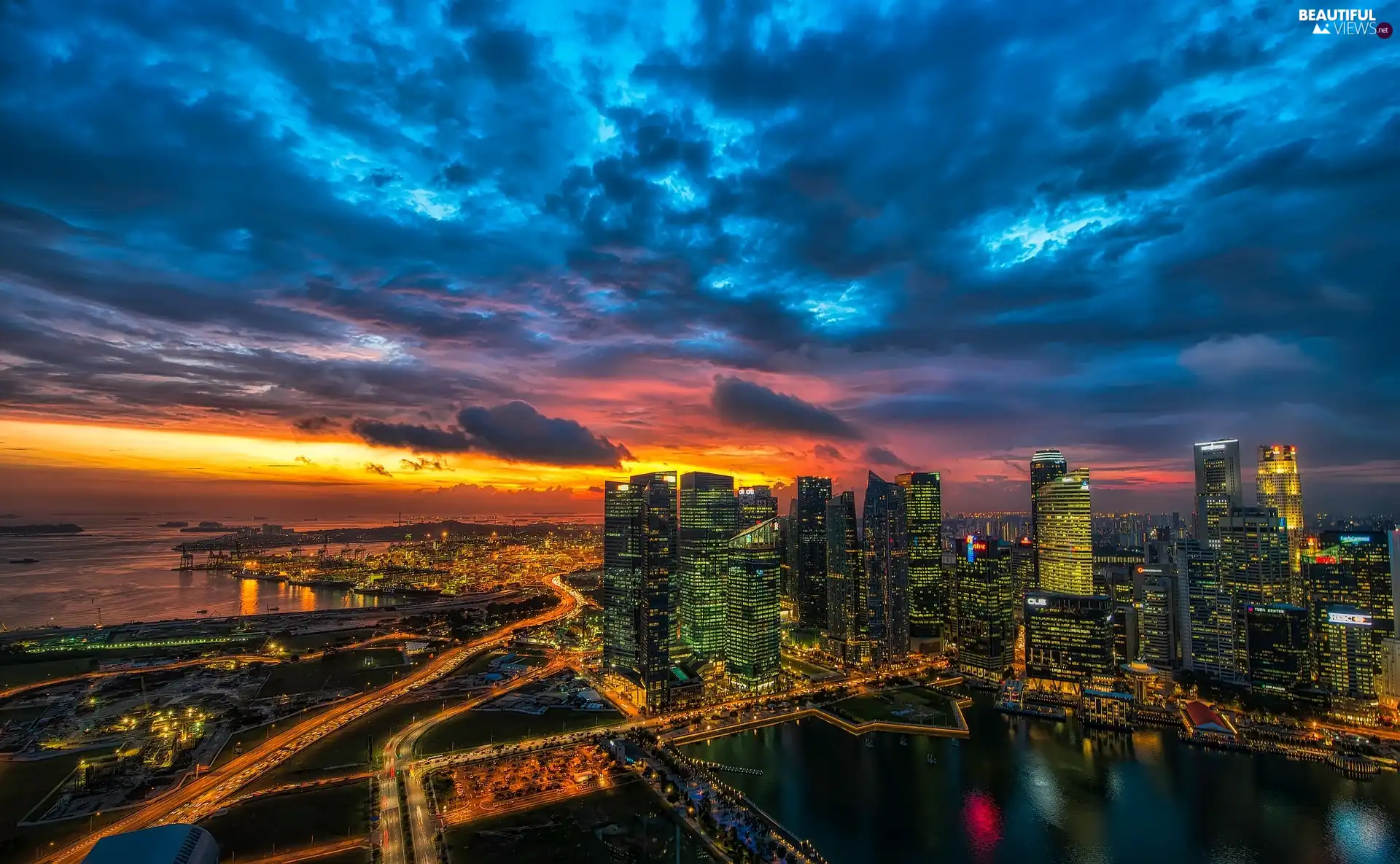 skyscrapers, Manhattan, Great Sunsets, illuminated, New York, roads, The United States