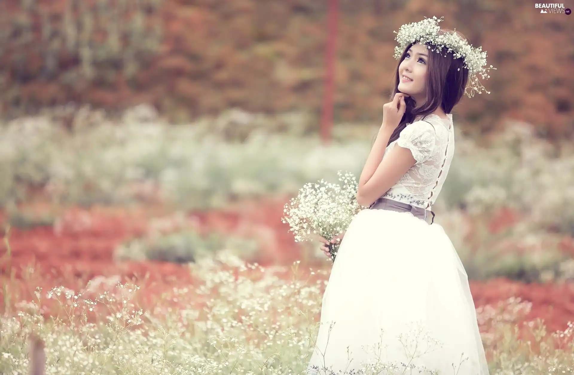 lady, young, Goose, wreath, Flowers, brunette, girl, Meadow