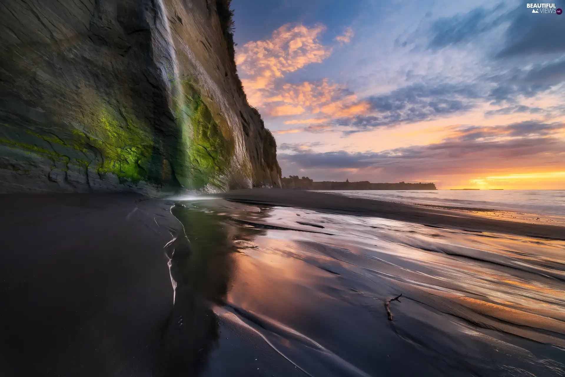 sea, Great Sunsets, Taranaki Region, New Zeland, White Cliffs Walkway, cliff