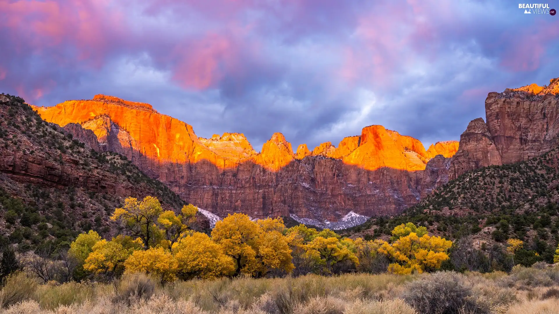 viewes, autumn, The United States, clouds, Utah, trees, Mountains, Zion National Park